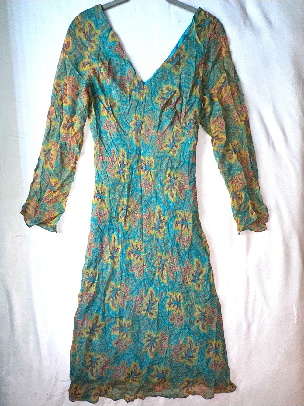 Possibility by Fiori di Zucca 100% Silk Vintage Teal Yellow Midi Dress S 3/4 slv
